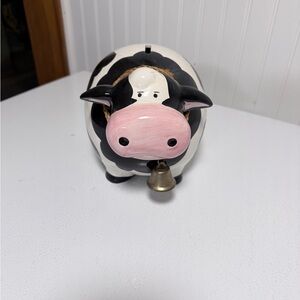 Ceramic Cow Money Bank with Bell - Black & White, Pink Snout